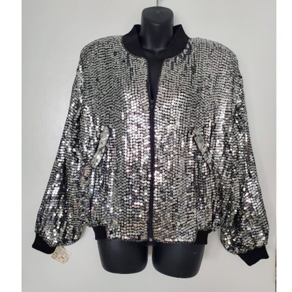 NWT Nordstrom Sequin Bomber Jacket Womens Silver Sparkle Jacket Y2K Swiftie Sz M - Picture 1 of 9